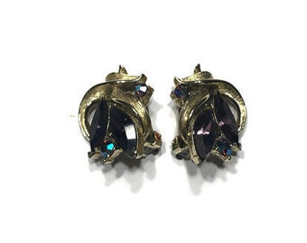 Blue and Purple Aurora Borealis Rhinestone Earrings, Signed Lisner Earrings, Vintage Clip Earrings, Costume Jewelry