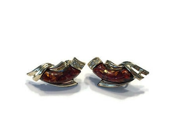 Kolczyki z czerwonego konfetti Lucite i kryształkami, kolczyki z klipsem z lat 50. XX wieku, kolczyki Rockabilly, biżuteria kostiumowa