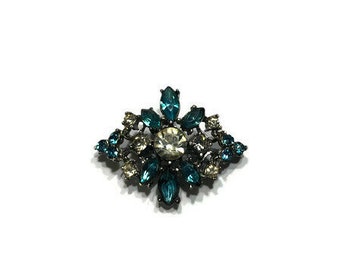 Blue Rhinestone Brooch, Vintage Midcentury Brooch, Costume Jewelry