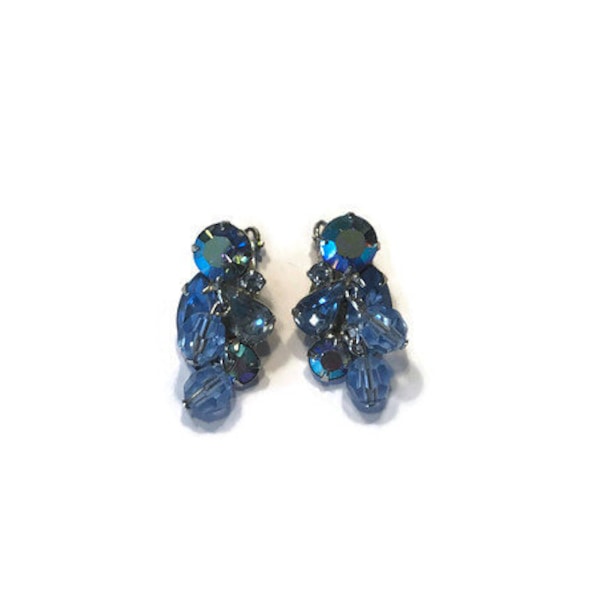 Signed Weiss AB Rhinestone and Blue Bead Earrings, Clip Earrings, Costume Jewelry