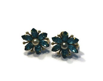 Signed Amco Blue Rhinestone Flower Earrings, Gold Filled Earrings, Faux Pearl Earrings, Costume Jewelry
