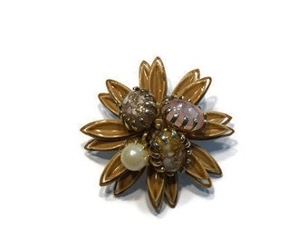 Light Brown Enamel Flower Brooch with Lucite and Faux Pearl Center, Vintage 1960s Enamel Pin, Mod Flower Power Jewelry, Costume Jewelry