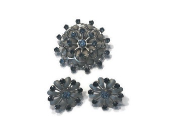 Silver Starburst Jewelry Set, Vintage 1950s Demi Parure with Blue Rhinestones, Costume Jewelry
