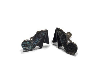 Vintage Mexican Earrings, 925 Silver and Abalone Musical Note Earrings, Screw Back Earrings, Costume Jewelry