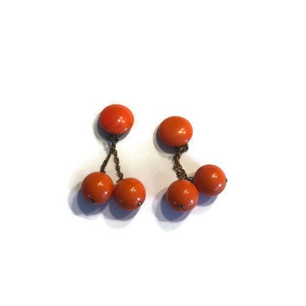 Mod Orange Dangle Earrings, 1960s Plastic Bead Earrings, Costume Jewelry