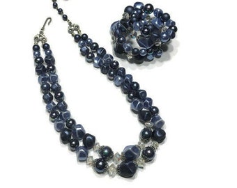 Ensemble vintage des années 1950, Bracelet et collier en perles de plastique bleu, Demi Parure, Bijoux fantaisie