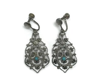 Vintage Indian Dangle Earrings, Tribal Chic Earrings, Silver Tone Ethnic Earrings, Boho Jewelry, Costume Jewelry