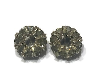 Signed Warner Earrings, Smoky Grey Rhinestone Earrings, Clip Earrings, Costume Jewelry