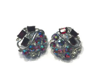 Pink Aurora Borealis Rhinestone Earrings, Signed Lisner Earrings, Vintage Clip Earrings, Costume Jewelry