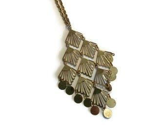 Vintage 1970s Necklace, Gold Tone Pendant Necklace, Metal Disc Necklace, Costume Jewelry