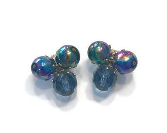 Signed Vogue Earrings, Blue Iridescent Glass Bead Earrings, Vintage Clip Earrings, Costume Jewelry