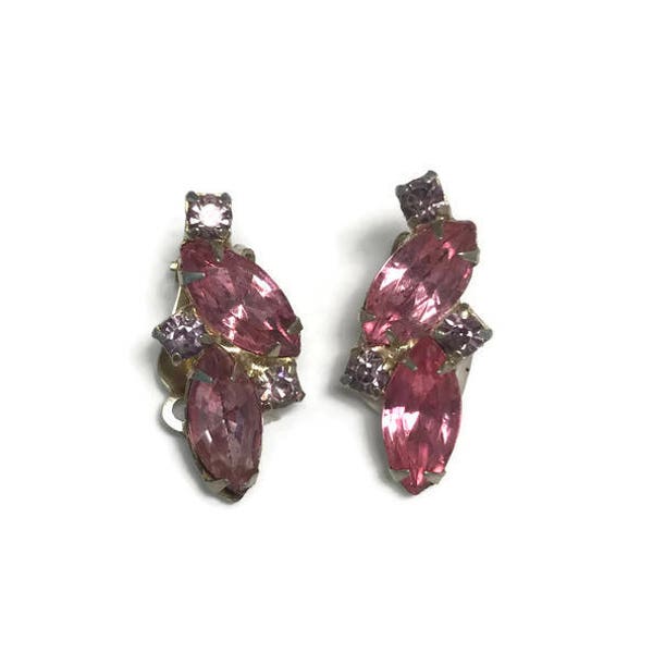 Signed Garne Earrings, Pink Rhinestone Earrings, Vintage 1950s Earrings, Costume Jewelry