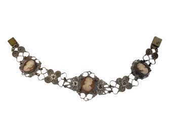 Bracelet camée à volutes vintage, bracelet en filigrane argenté, bijoux fantaisie