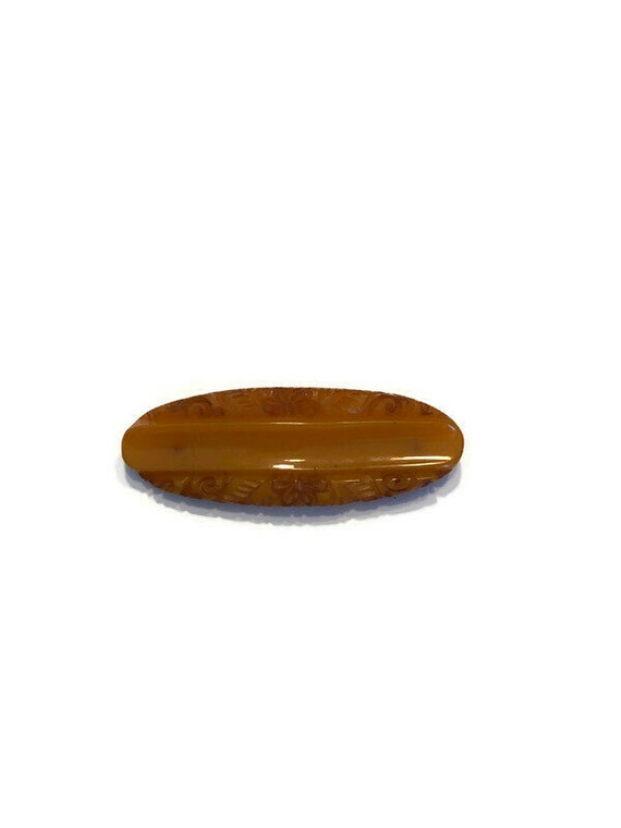 Carved Butterscotch Bakelite Bar Pin, Vintage Bake