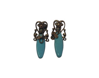 Modernist Copper Earrings, Turquoise Enamel and Copper Dangle Earrings, 1950s Mid Century Earrings, Costume Jewelry