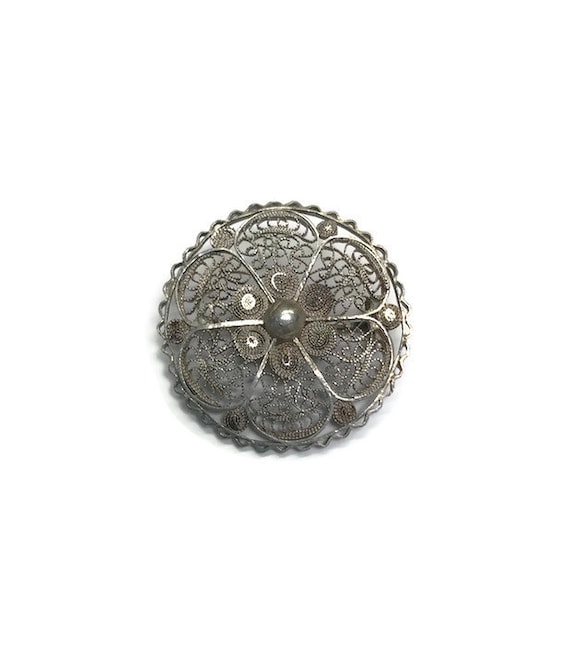 Vintage Silver Filigree Brooch, Costume Jewelry - image 1