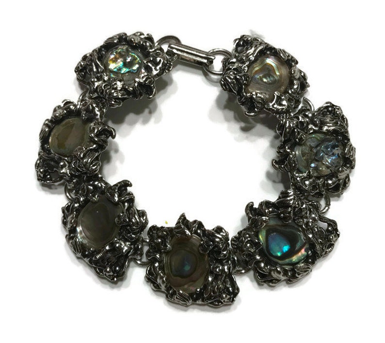 Silver Tone and Abalone Shell Link Bracelet, Vintage Bracelet, Costume Jewelry image 2