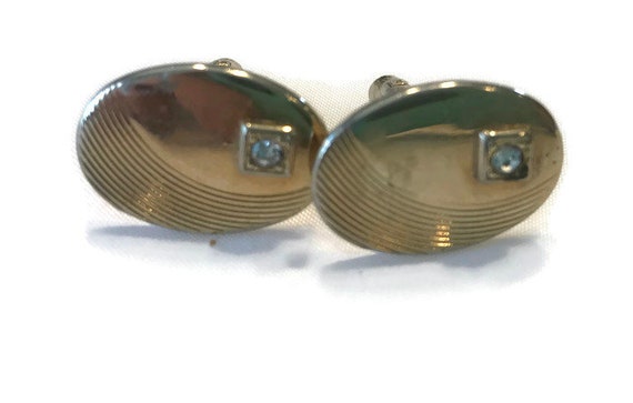 Vintage Cuff Links, Gold Tone Cuff Links with Rhi… - image 2