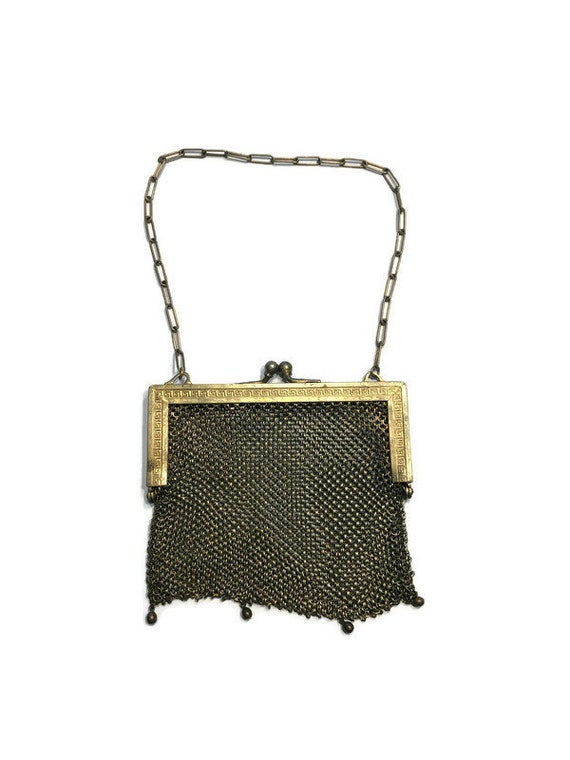 Vintage 1920s Brass Tone Metal Mesh Purse, "Germa… - image 1