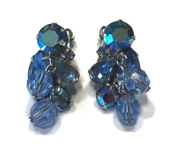 Signed Weiss AB Rhinestone and Blue Bead Earrings… - image 2