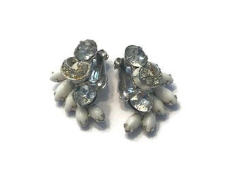 Signed Weiss Rhinestone  and Milk Glass Earrings, Vintage 1950s Clip Earrings, Costume Jewelry, Wedding Bridal Jewelry
