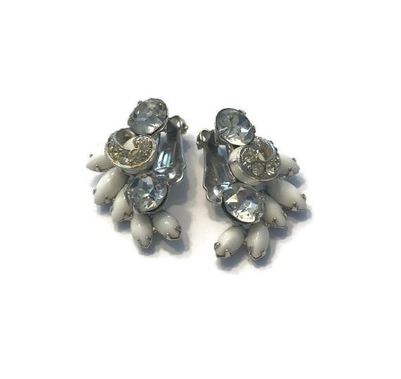 Signed Weiss Rhinestone  and Milk Glass Earrings,… - image 1