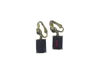 Austrian Faux Ruby Earrings, Gold Tone Dangle Clip Earrings, Costume Jewelry