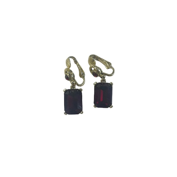 Austrian Faux Ruby Earrings, Gold Tone Dangle Clip Earrings, Costume Jewelry