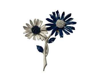 Signed ART Enamel Flower Brooch, Blue and White Double Daisy Brooch, Costume Jewelry