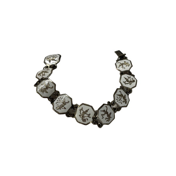 White Niello Style Link Bracelet, Vintage Siam Sterling Bracelet, Costume Jewelry