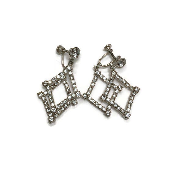 Signed Wiesner Earrings Rhinestone Dangle Earrings Vintage Screw