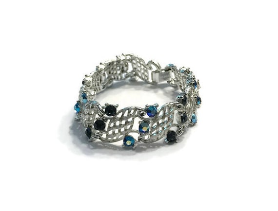 Signed Lisner Bracelet, Silver Tone and Faux Sapphire Bracelet