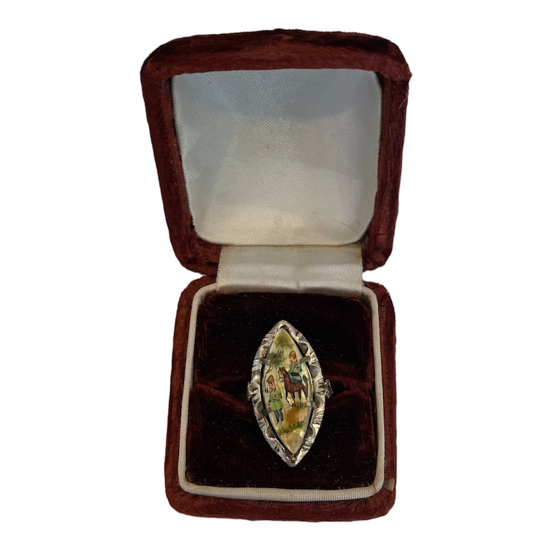 Antique Persian Storybook Ring, Hand-Painted Ring on Mother of Pearl, Costume Jewelry image 1