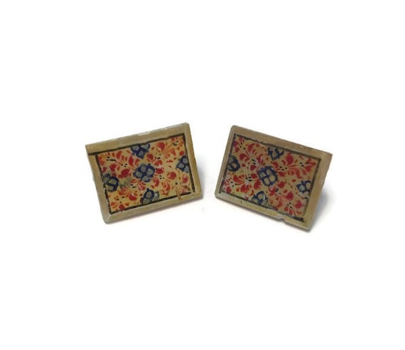 Hand Painted Mother of Pearl Panel Earrings, Screw Back Earrings, Costume Jewelry