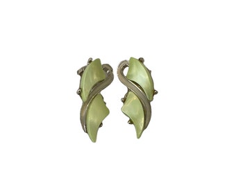 1950s Pale Green Moonglow Lucite Clip Earrings, Thermoset Earrings, Costume Jewelry