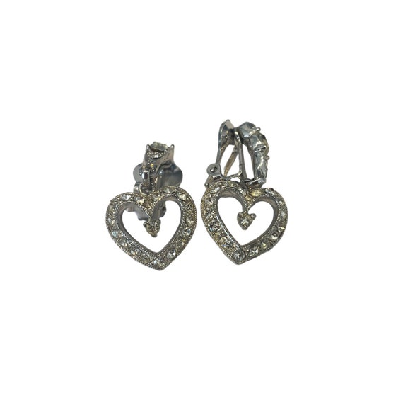Signed Bogoff Earrings, Heart Shaped Dangle Rhine… - image 1