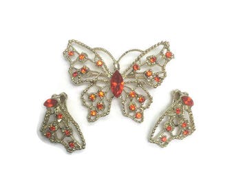 Signé Dodd Demi Parure, broche et boucles d'oreilles papillon strass rouge, ensemble de bijoux vintage des années 1950, bijoux fantaisie