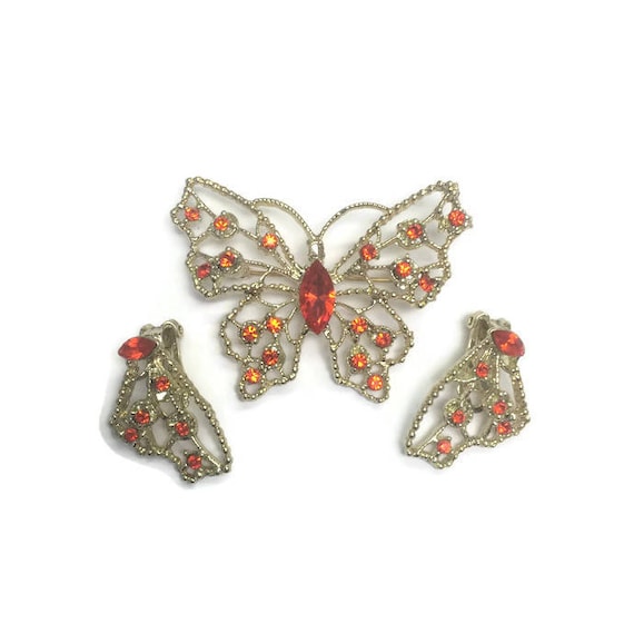 Signed Dodd Demi Parure, Red Rhinestone Butterfly… - image 1