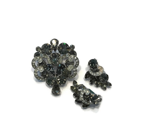 Signed Weiss Jewelry Set, Vintage Smoky Grey Rhine