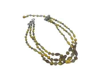 Vintage Yellow Triple Strand Glass and Stone Necklace, Made in Japan, Costume Jewelry