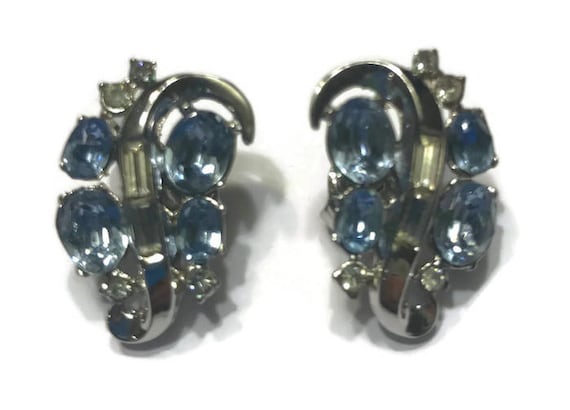 Signed Trifari Earrings, Vintage Blue and Clear R… - image 2