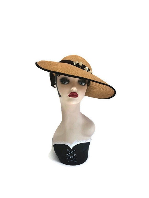 Vintage 1950s Tan Straw Wide Brim Picture Hat with