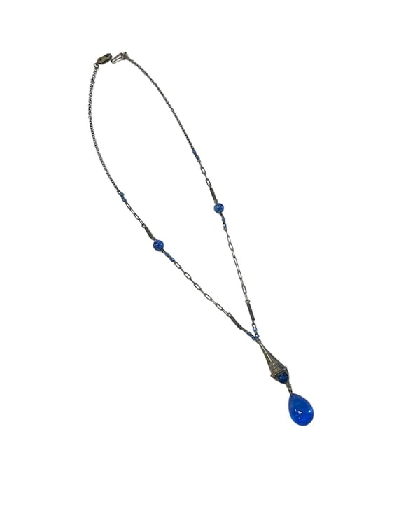Art Deco Blue Czech Glass Pendant Necklace, 1920s 