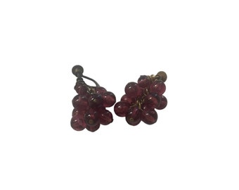 Red/Purple Glass Cluster Earrings, Screw Back Earrings, Costume Jewelry