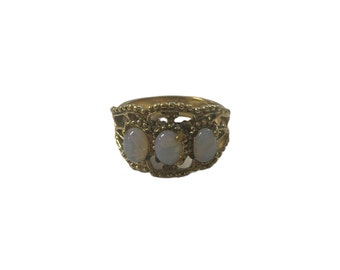 Hallmarked Vargas Cocktail Ring, Vintage 1950s 1960s Gold Plated Ring with Faux Opals, Costume Jewelry