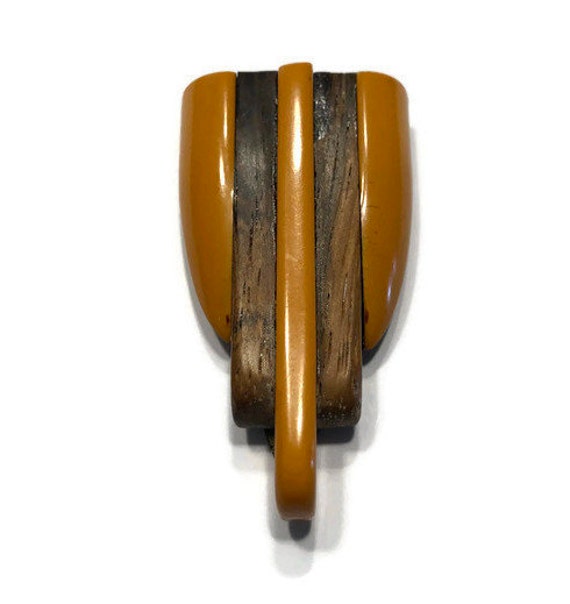 Bakelite and Wood Dress Clip, Butterscotch Bakeli… - image 2
