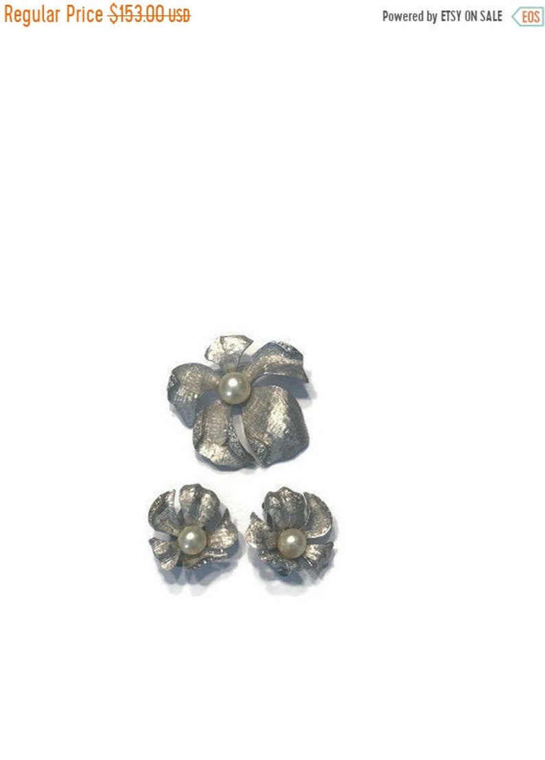Vintage Silver Tone Rhinestone and Faux Pearl Brooch and Earring Set Costume Jew 1950s 1960s Demi Parure ON SALE Signed Jomaz Jewelry Set
