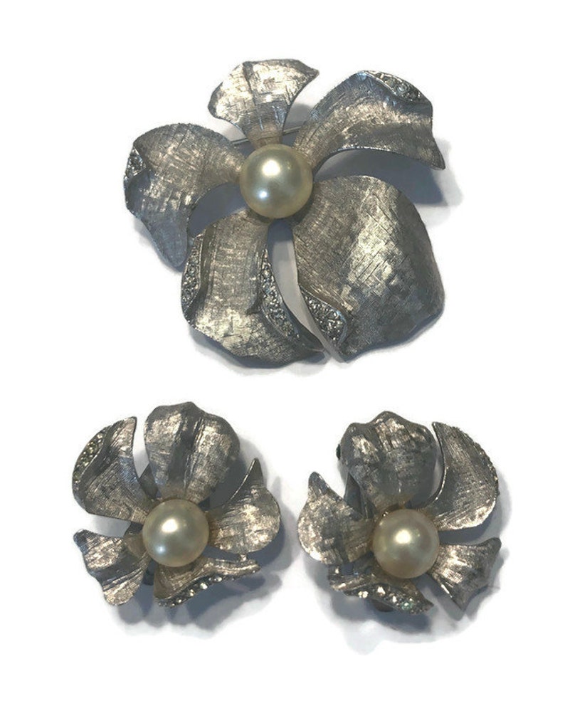 Vintage Silver Tone Rhinestone and Faux Pearl Brooch and Earring Set Costume Jew 1950s 1960s Demi Parure ON SALE Signed Jomaz Jewelry Set