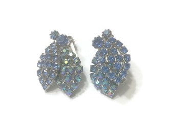 Vintage Blue Rhinestone Earrings, Signed Weiss 1950s Clip Earrings, Costume Jewelry, Wedding Bridal Jewelry