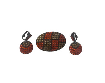 Vintage Demi Parure, Black Enamel and Orange Rhinestone Brooch and Earring Set, Costume Jewelry